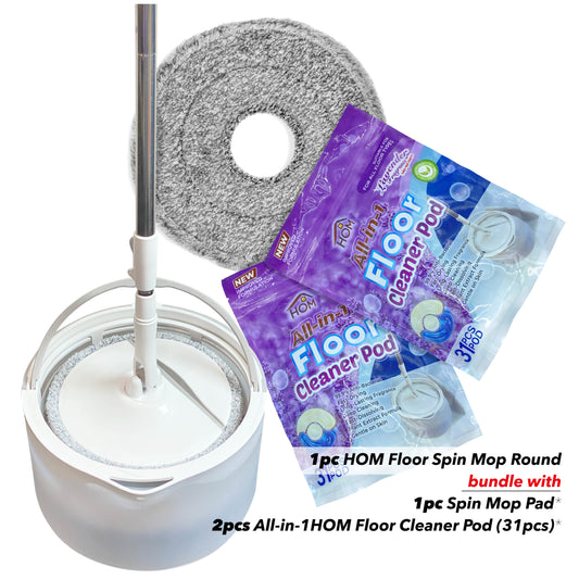 1pc Spin Mop Round bundle with 1pc Spin Mop Pad, 2pcs Floor Cleaner Pods(31pcs) - Separate Clean and Dirty Water